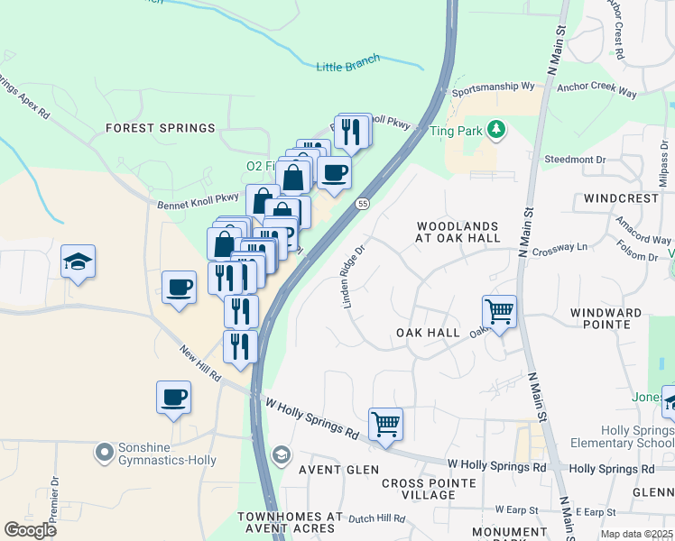 map of restaurants, bars, coffee shops, grocery stores, and more near 100 Sudano Court in Holly Springs