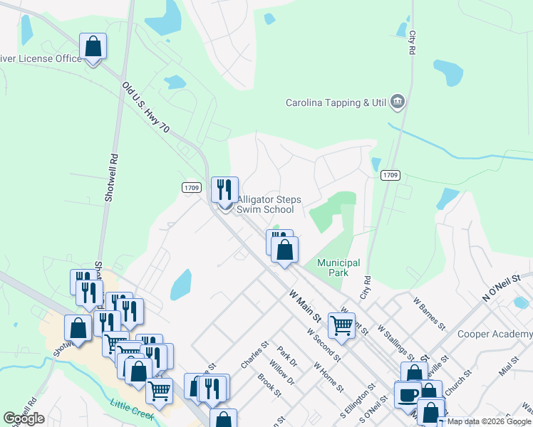 map of restaurants, bars, coffee shops, grocery stores, and more near 115 Liberty Lane in Clayton