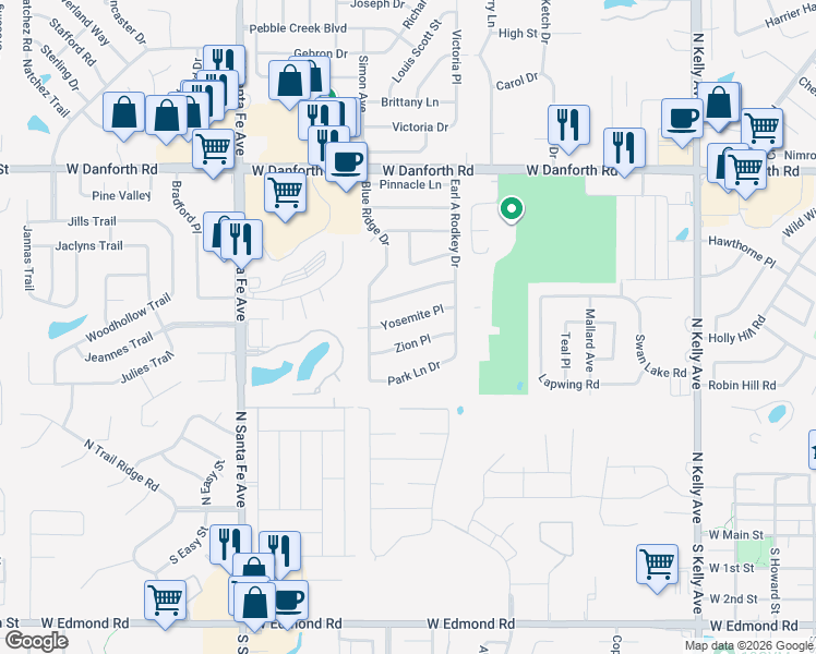 map of restaurants, bars, coffee shops, grocery stores, and more near 1720 Yosemite Place in Edmond