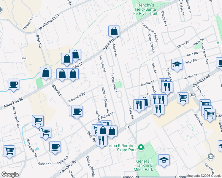 map of restaurants, bars, coffee shops, grocery stores, and more near 1149 Harrison Road in Santa Fe