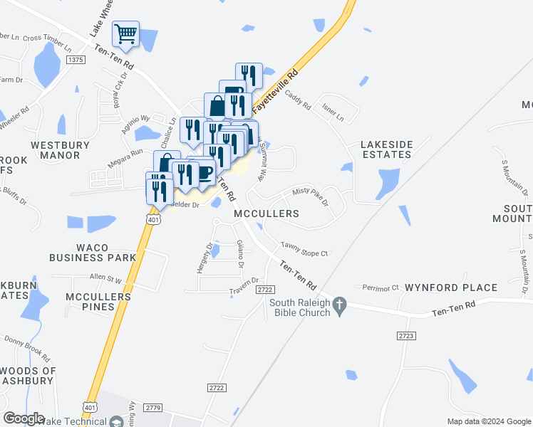 map of restaurants, bars, coffee shops, grocery stores, and more near 126 Misty Pike Drive in Raleigh