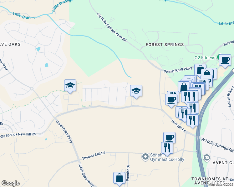 map of restaurants, bars, coffee shops, grocery stores, and more near 11320 New Hill Road in Apex