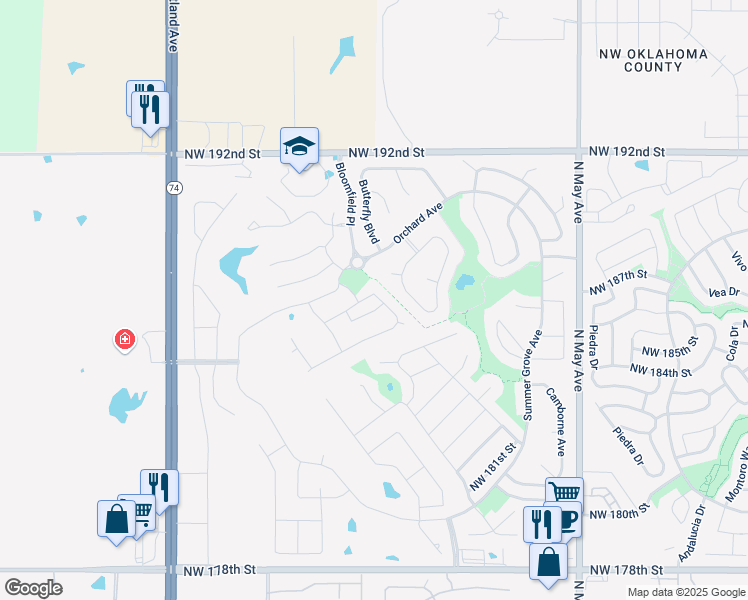 map of restaurants, bars, coffee shops, grocery stores, and more near 18700 Lazy Grove Drive in Edmond