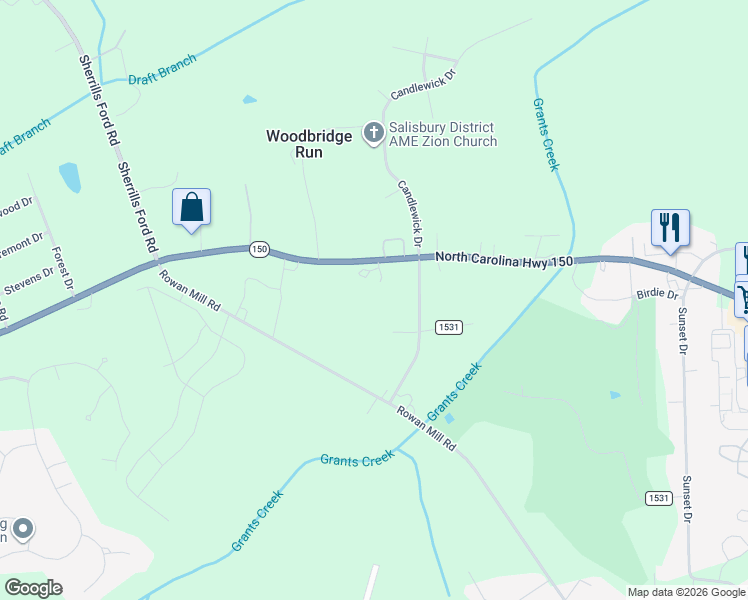 map of restaurants, bars, coffee shops, grocery stores, and more near 1915 Mooresville Road in Salisbury