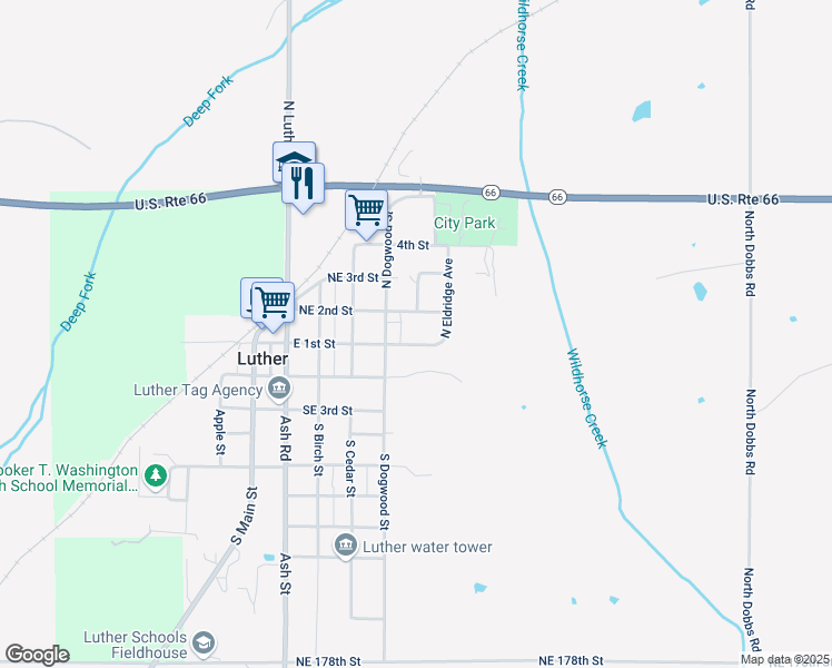 map of restaurants, bars, coffee shops, grocery stores, and more near 611 East 1st Street in Luther