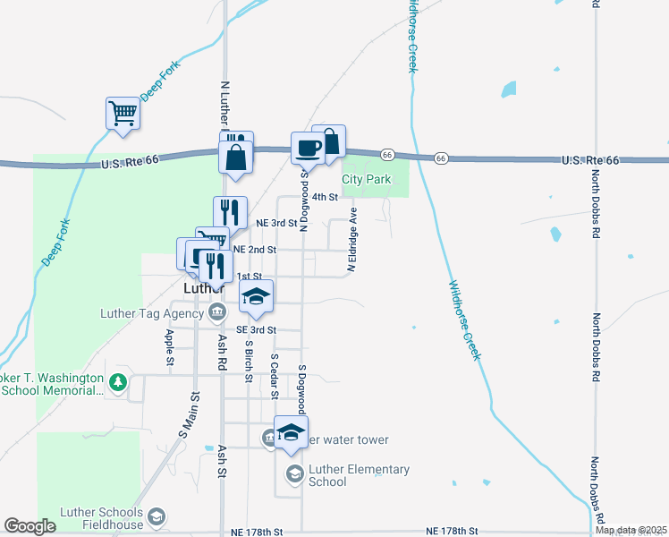 map of restaurants, bars, coffee shops, grocery stores, and more near 611 East 1st Street in Luther