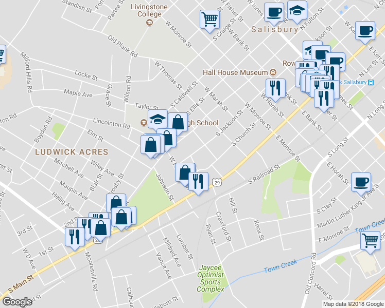 map of restaurants, bars, coffee shops, grocery stores, and more near 818 South Jackson Street in Salisbury