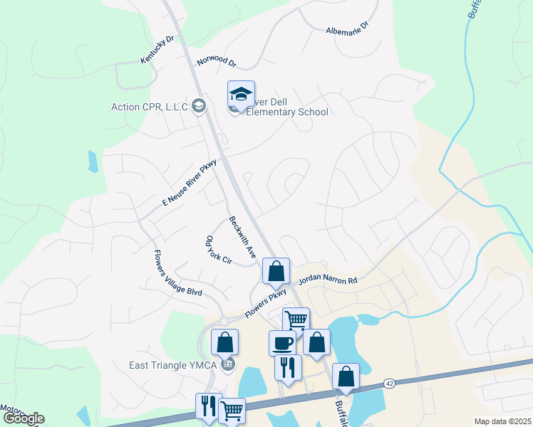 map of restaurants, bars, coffee shops, grocery stores, and more near 49 Bramble Lane in Clayton