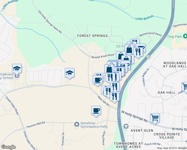 map of restaurants, bars, coffee shops, grocery stores, and more near 4405-4531 Old Holly Springs Apex Road in Apex