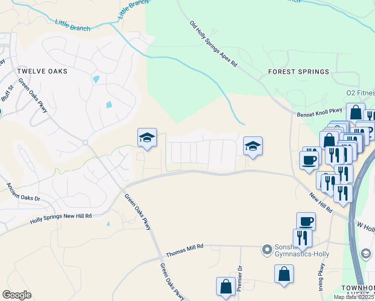 map of restaurants, bars, coffee shops, grocery stores, and more near 125 Tree Hill Lane in Holly Springs