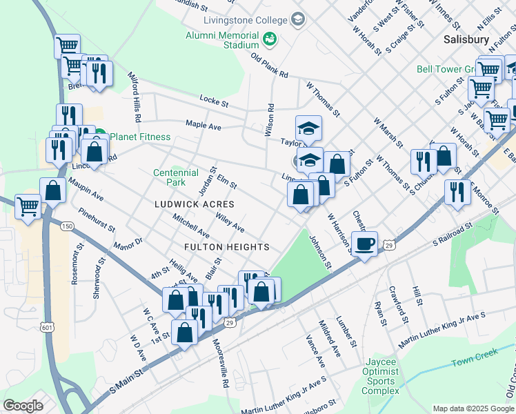 map of restaurants, bars, coffee shops, grocery stores, and more near 225 Elm Street in Salisbury
