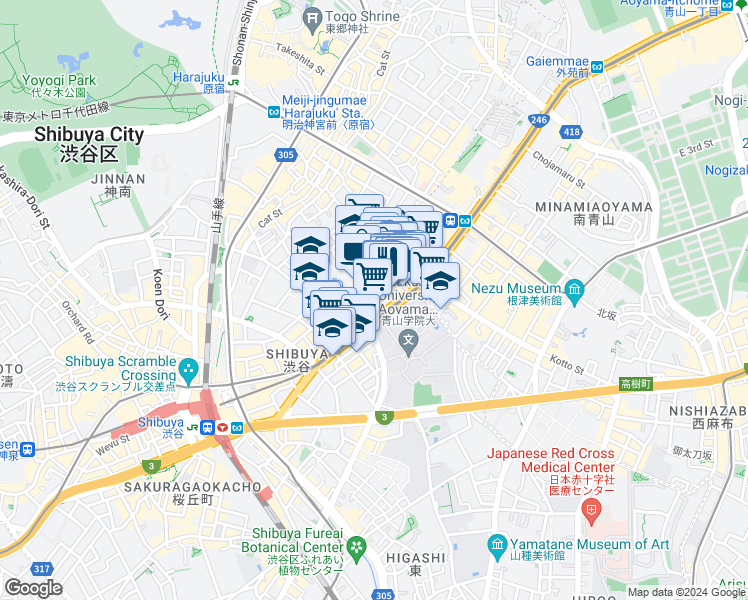 map of restaurants, bars, coffee shops, grocery stores, and more near in Shibuya City