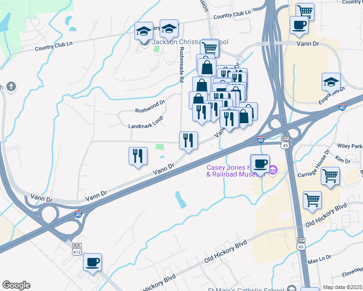 map of restaurants, bars, coffee shops, grocery stores, and more near 1355 Vann Drive in Jackson