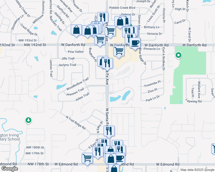 map of restaurants, bars, coffee shops, grocery stores, and more near 708 North Santa Fe Avenue in Edmond