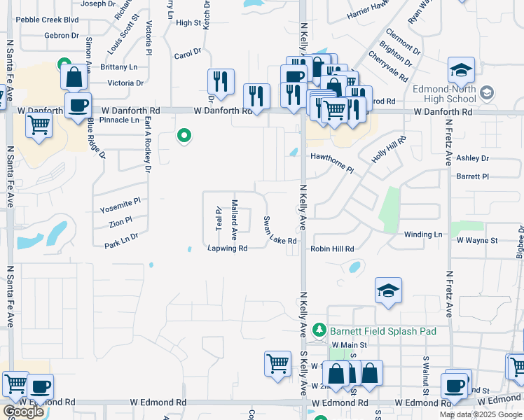 map of restaurants, bars, coffee shops, grocery stores, and more near 805 Swan Lake Rd in Edmond