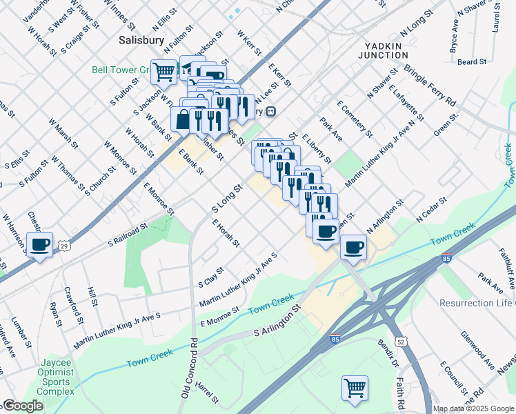 map of restaurants, bars, coffee shops, grocery stores, and more near 213 South Shaver Street in Salisbury