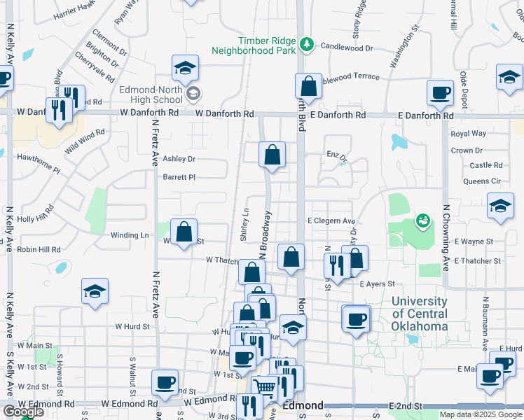 map of restaurants, bars, coffee shops, grocery stores, and more near 637 North Broadway in Edmond