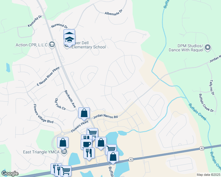 map of restaurants, bars, coffee shops, grocery stores, and more near 233 Gaillardia Way in Clayton