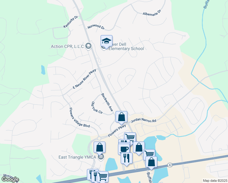 map of restaurants, bars, coffee shops, grocery stores, and more near 49 Bramble Lane in Clayton