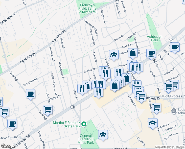 map of restaurants, bars, coffee shops, grocery stores, and more near 1310 Declovina Street in Santa Fe