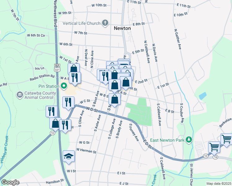 map of restaurants, bars, coffee shops, grocery stores, and more near 17 East A Street in Newton