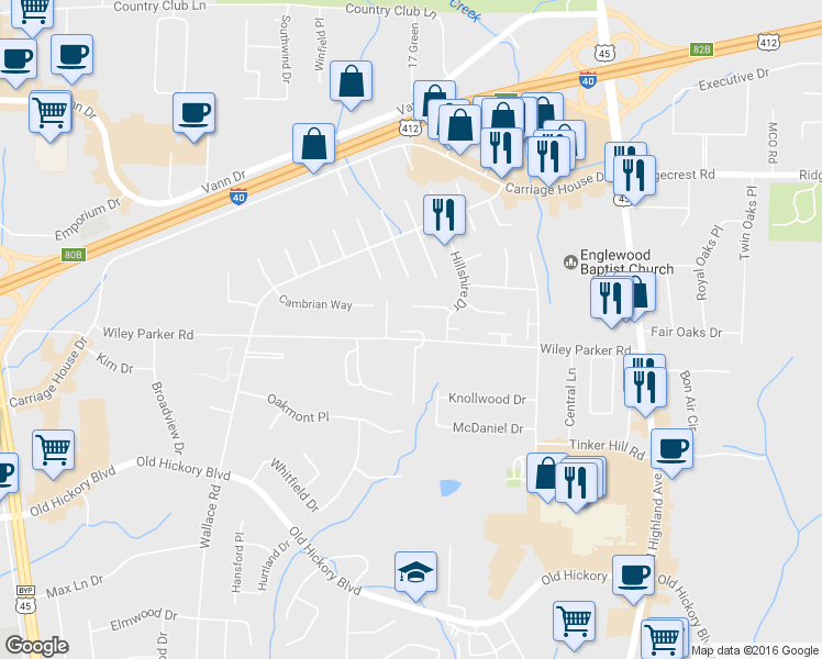 map of restaurants, bars, coffee shops, grocery stores, and more near 213 Wiley Parker Road in Jackson
