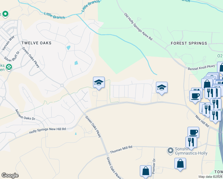 map of restaurants, bars, coffee shops, grocery stores, and more near 133 White Hill Drive in Holly Springs