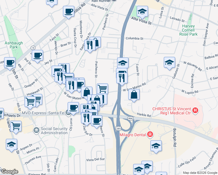 map of restaurants, bars, coffee shops, grocery stores, and more near 1596 South Pacheco Street in Santa Fe