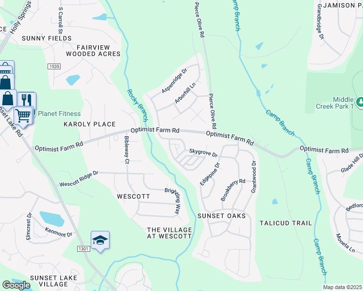 map of restaurants, bars, coffee shops, grocery stores, and more near 228 Thorndale Drive in Holly Springs