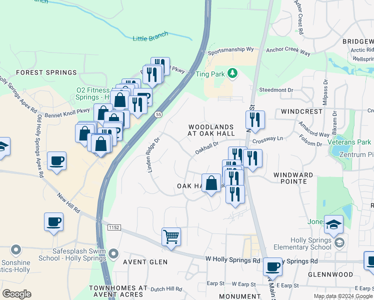 map of restaurants, bars, coffee shops, grocery stores, and more near 704 Linden Ridge Drive in Holly Springs