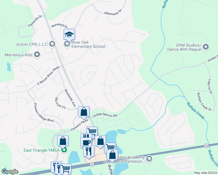 map of restaurants, bars, coffee shops, grocery stores, and more near 233 Gaillardia Way in Clayton