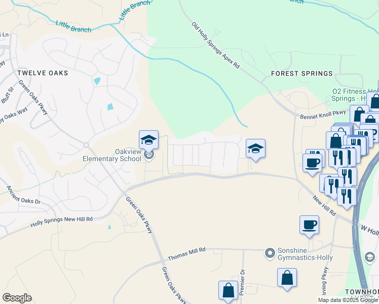 map of restaurants, bars, coffee shops, grocery stores, and more near 125 Tree Hill Lane in Holly Springs