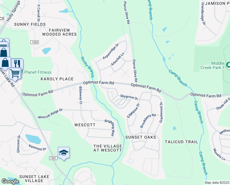 map of restaurants, bars, coffee shops, grocery stores, and more near 228 Thorndale Drive in Holly Springs