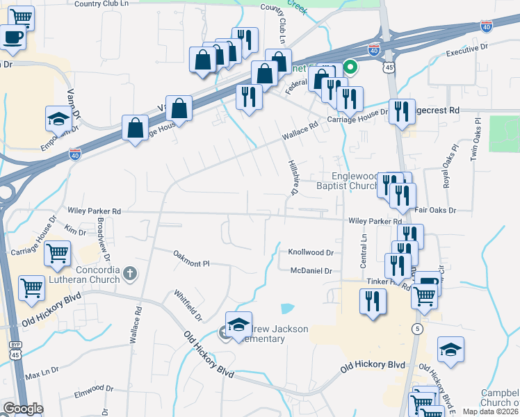 map of restaurants, bars, coffee shops, grocery stores, and more near 213 Wiley Parker Road in Jackson