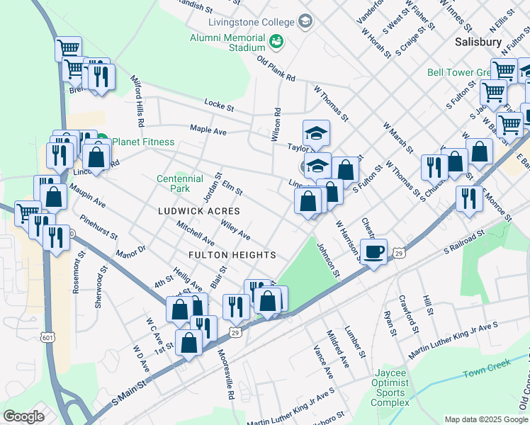 map of restaurants, bars, coffee shops, grocery stores, and more near 225 Elm Street in Salisbury