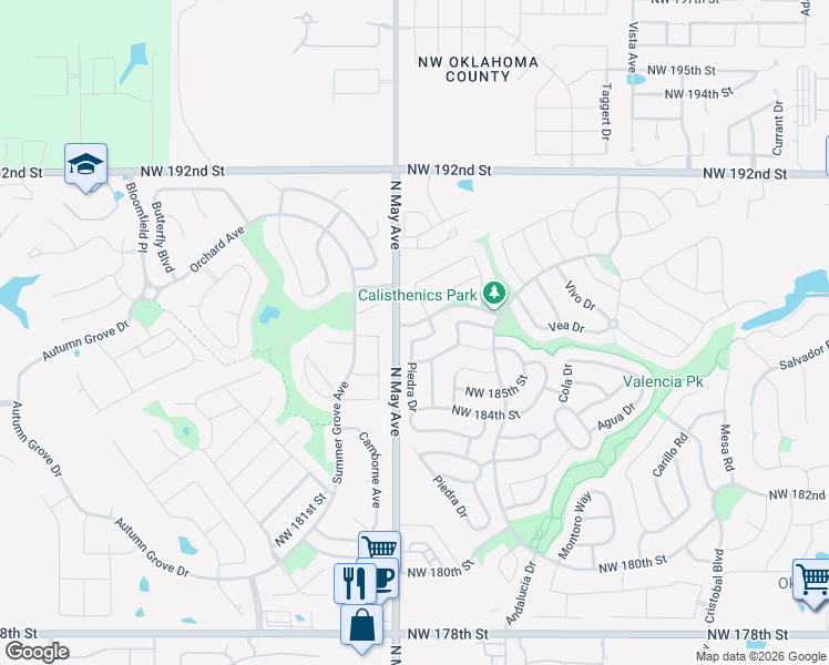 map of restaurants, bars, coffee shops, grocery stores, and more near 2813 Northwest 187th Terrace in Edmond
