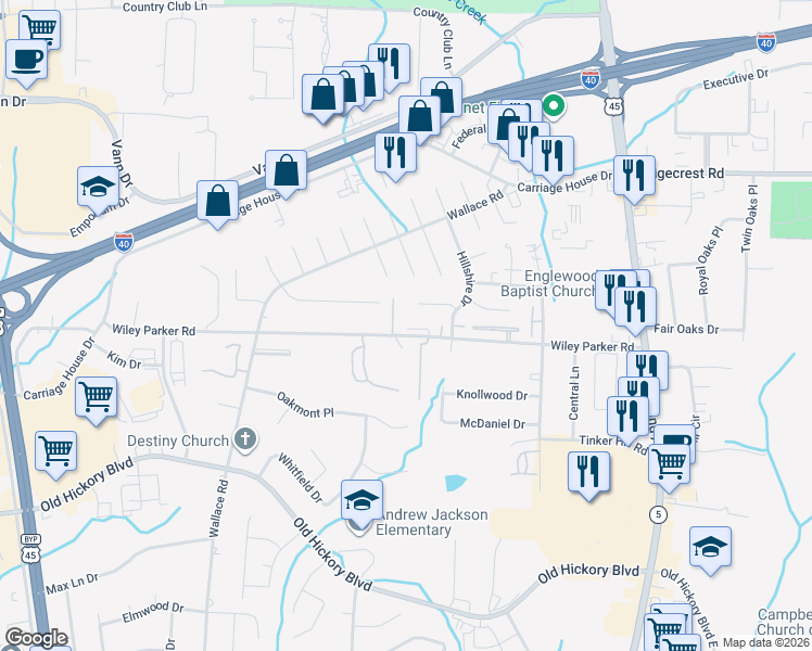 map of restaurants, bars, coffee shops, grocery stores, and more near 213 Wiley Parker Road in Jackson
