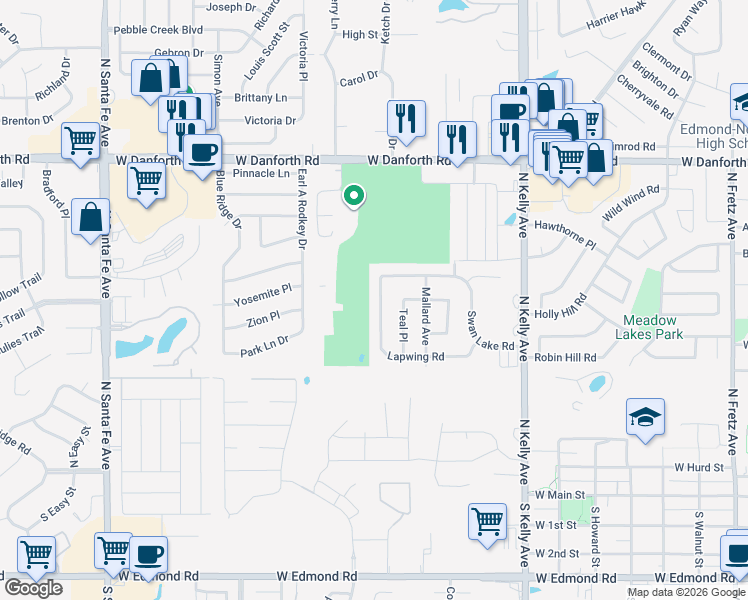 map of restaurants, bars, coffee shops, grocery stores, and more near 809 Lapwing Road in Edmond