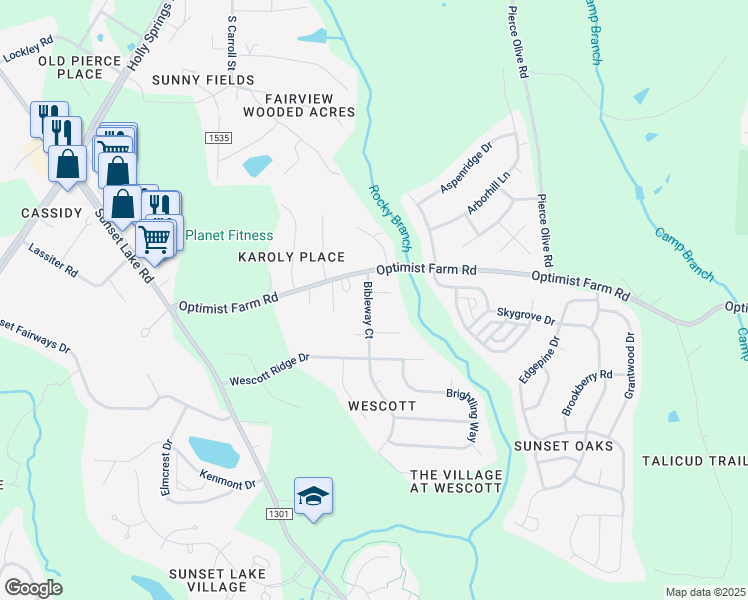 map of restaurants, bars, coffee shops, grocery stores, and more near 101 Vintage Pine Court in Holly Springs