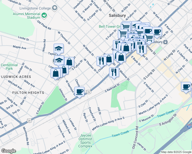 map of restaurants, bars, coffee shops, grocery stores, and more near 717 South Church Street in Salisbury