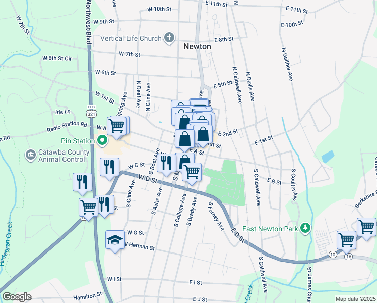 map of restaurants, bars, coffee shops, grocery stores, and more near 17 East A Street in Newton