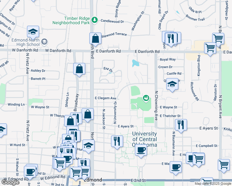 map of restaurants, bars, coffee shops, grocery stores, and more near 717 University Drive in Edmond