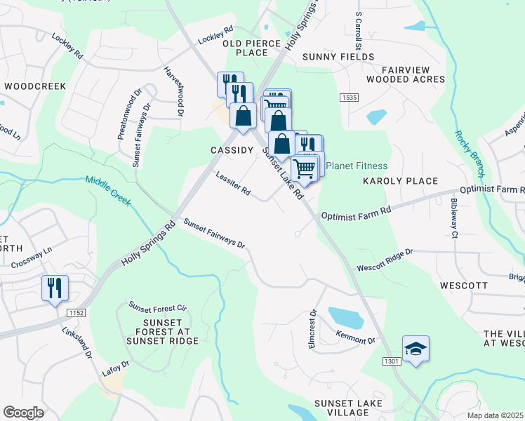 map of restaurants, bars, coffee shops, grocery stores, and more near 4020 Lassiter Road in Holly Springs