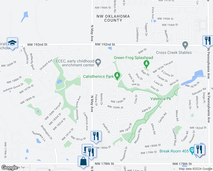 map of restaurants, bars, coffee shops, grocery stores, and more near 18713 Bebida Way in Edmond