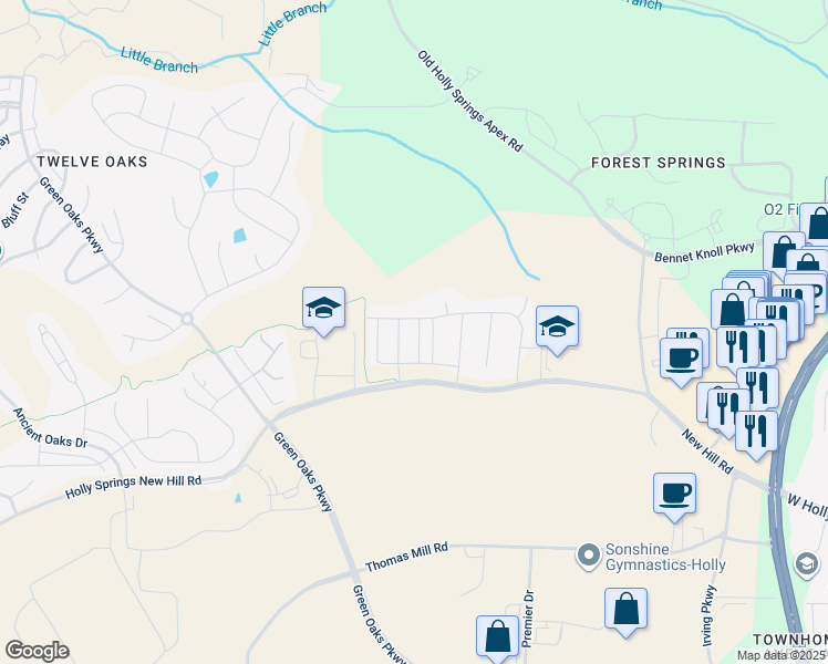map of restaurants, bars, coffee shops, grocery stores, and more near 129 Tree Hill Lane in Holly Springs
