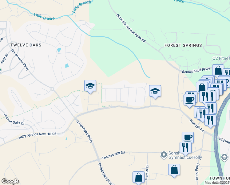map of restaurants, bars, coffee shops, grocery stores, and more near 129 Tree Hill Lane in Holly Springs