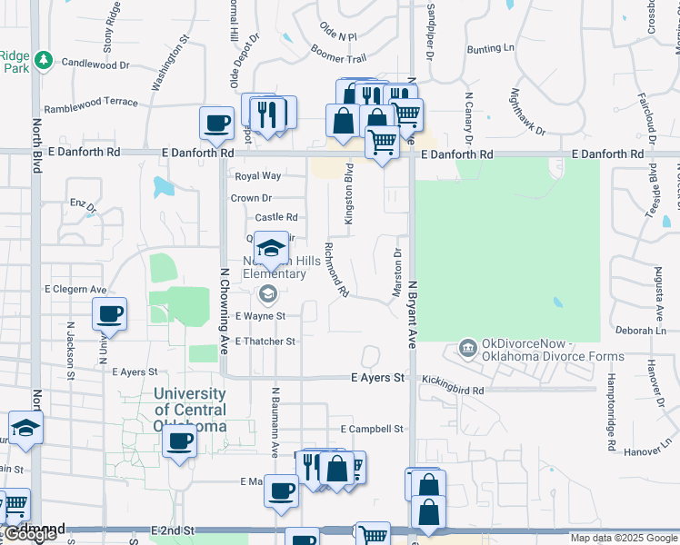 map of restaurants, bars, coffee shops, grocery stores, and more near 812 Richmond Road in Edmond