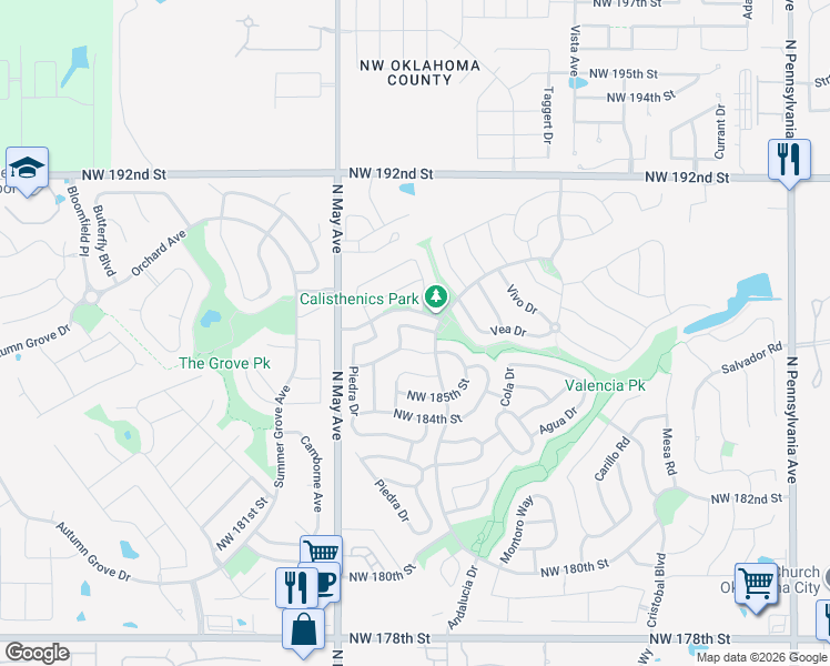 map of restaurants, bars, coffee shops, grocery stores, and more near 2721 Northwest 186th Street in Edmond