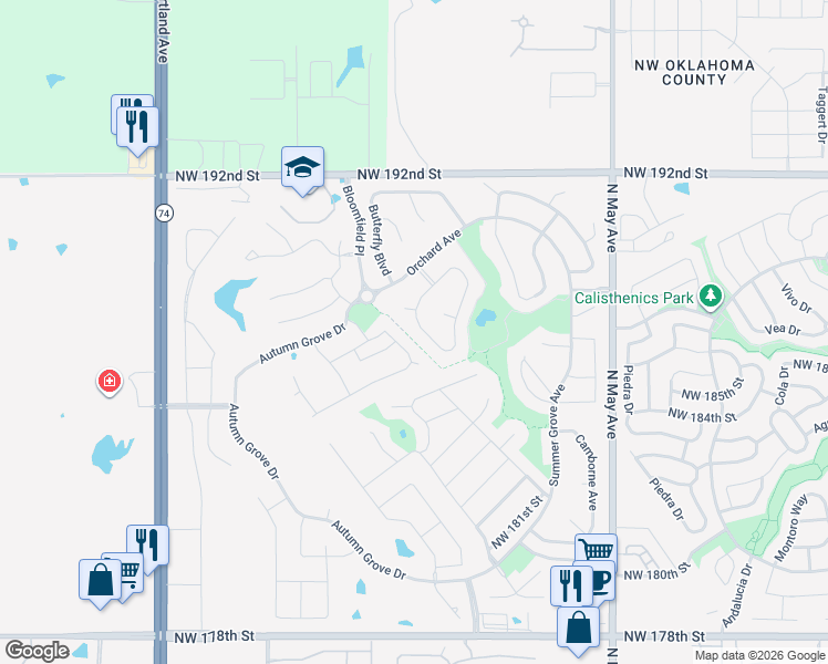 map of restaurants, bars, coffee shops, grocery stores, and more near 18841 Rolling Hill Way in Edmond