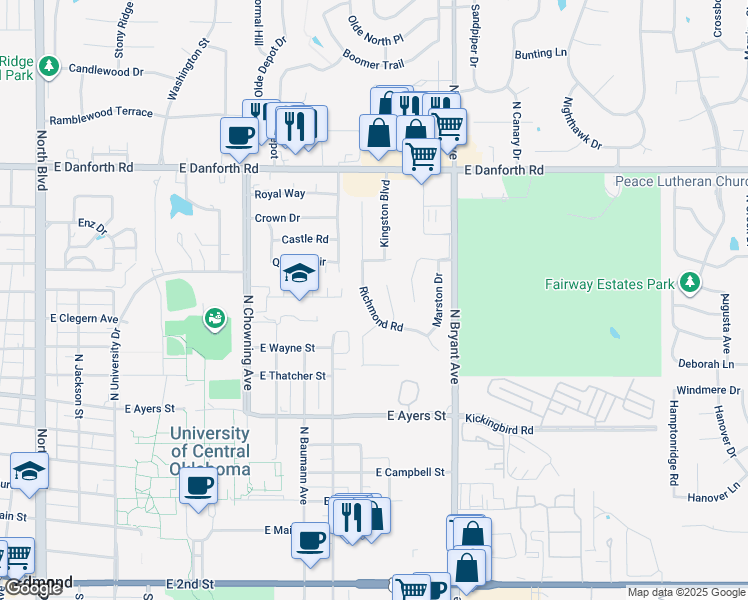 map of restaurants, bars, coffee shops, grocery stores, and more near 812 Richmond Road in Edmond